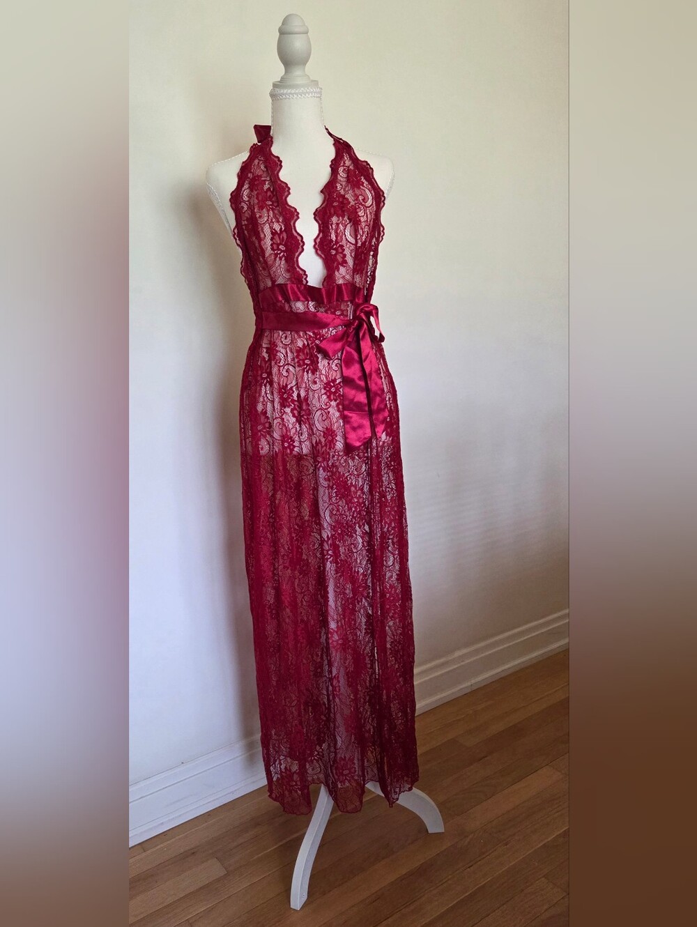 Dreamgirl Backless  Red Lace Maxi Nightgown withHi Slit & Satin Waist Tie
